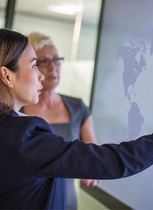 Employees looking at world map